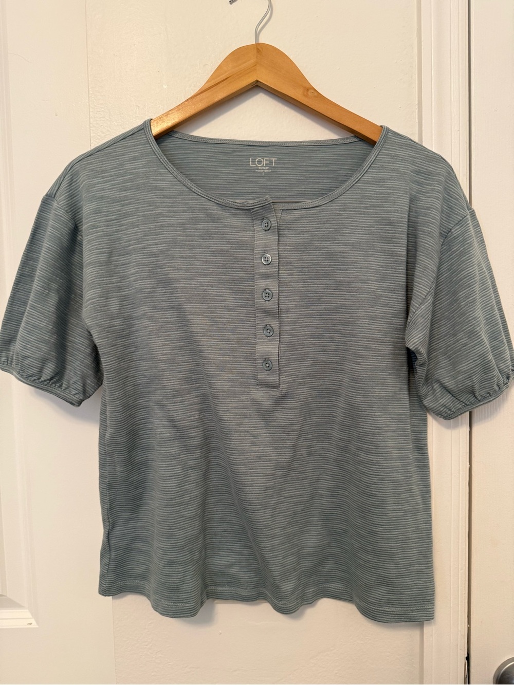 LOFT Short Sleeve Henley Top in Dusty Teal Stripe - Picture 1 of 4